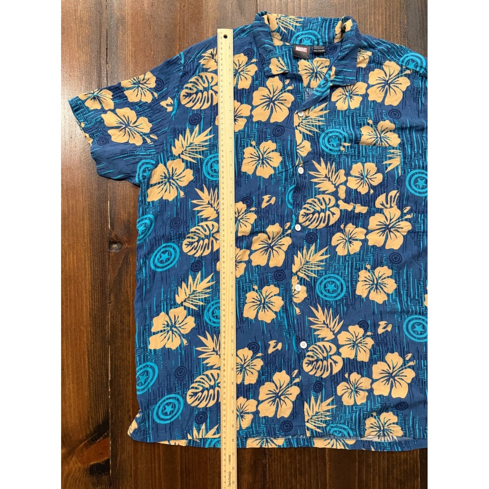 Marvel Captain America Mens XXL Blue Tropical Hibiscus Aloha Button Down Shirt - Picture 6 of 6